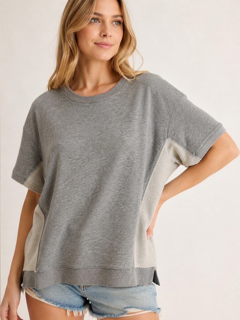 Easel Gray Colorblock Terry Knit Top | Size Medium | Casual Lounge Sweatshirt